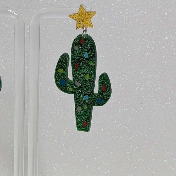 Cactus Christmas Decoration Multi Color Bulbs Glitter Drop Earrings - Picture 4 of 6